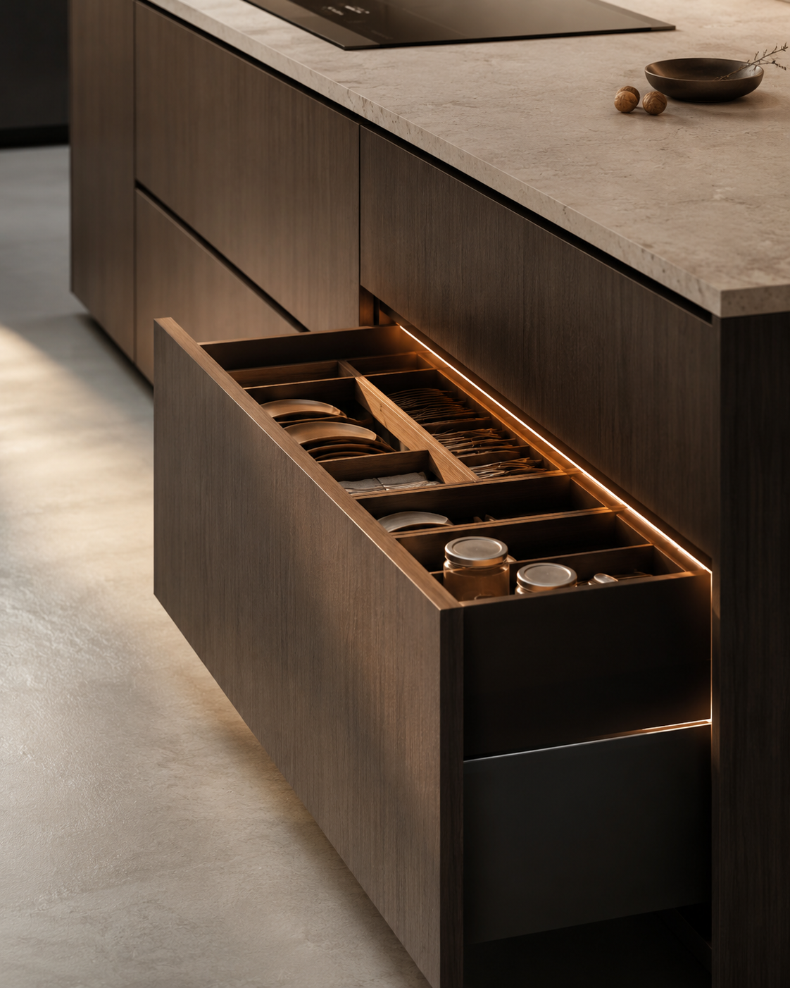 Composición técnica de cocina con capas de luz y tecnología integrada.