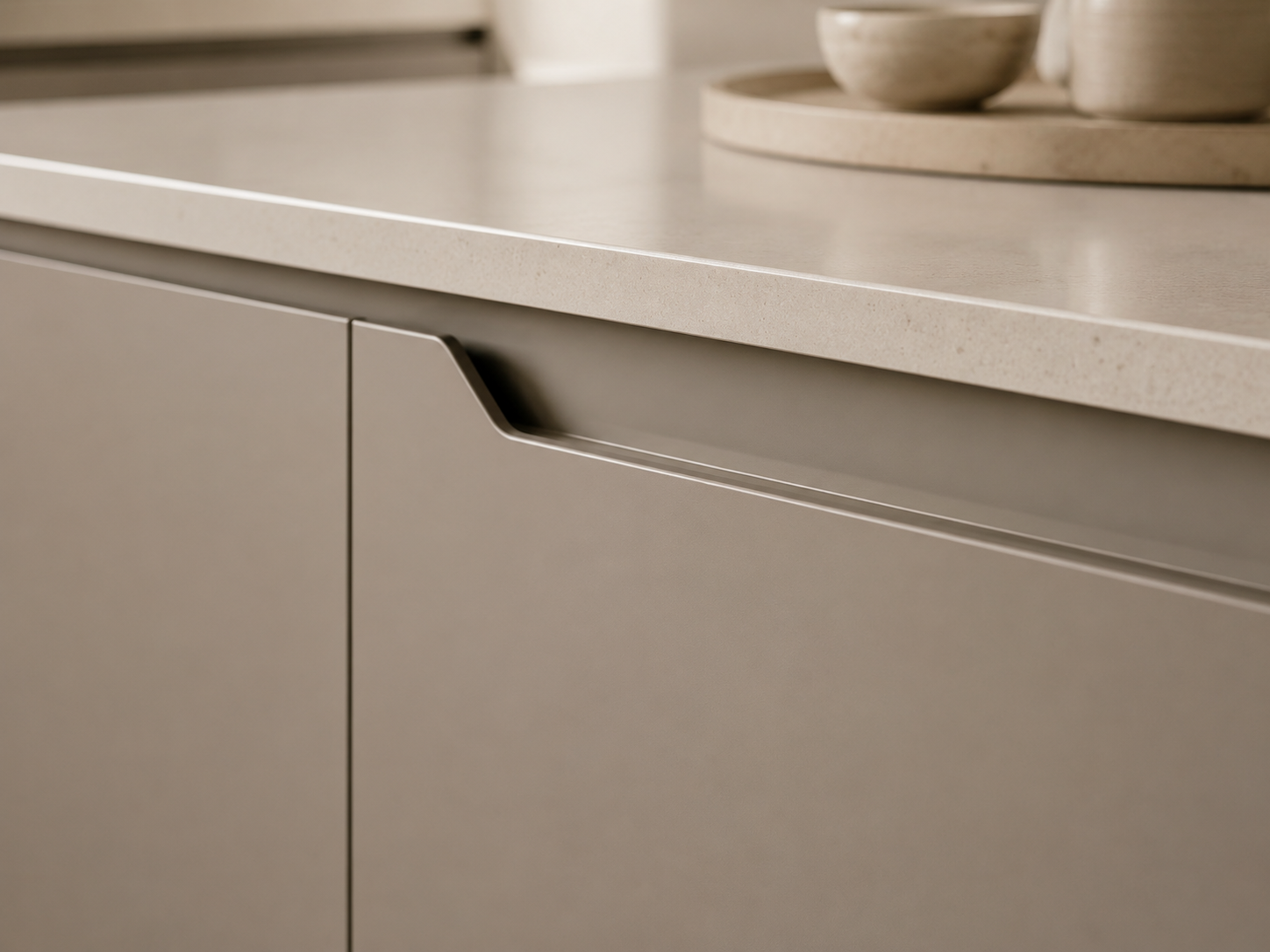 Muestras de laminados, texturas y acabados para frentes de cocina.