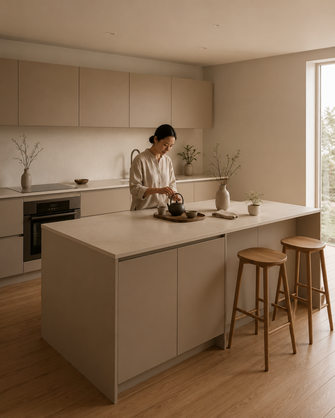 Línea Honne: cocina en tonos arena, calma japonesa y escena de uso cotidiano.