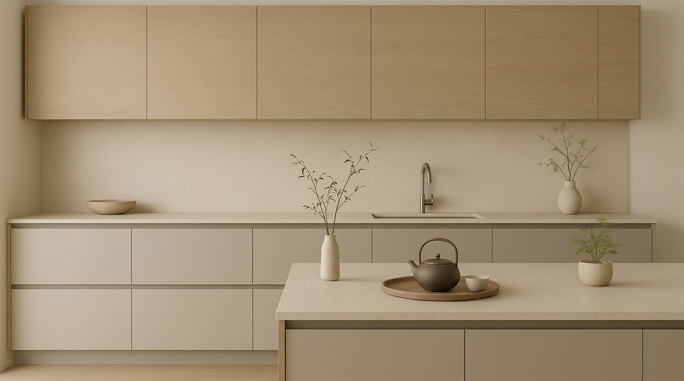 Cocina Honne con tonos arena, superficies serenas, composición limpia y calma visual.