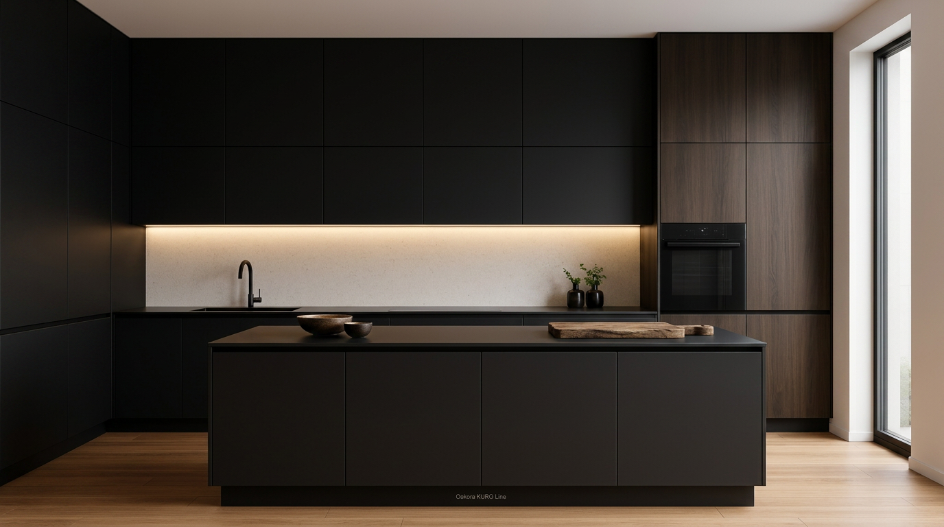 Cocina Kuro en tonos profundos, contraste y luz cálida, composición contemporánea con carácter.