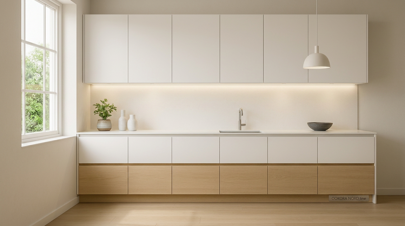 Cocina Nord con frentes claros, tonos suaves, acabados en tonos madera clara, iluminación integrada y luz natural.