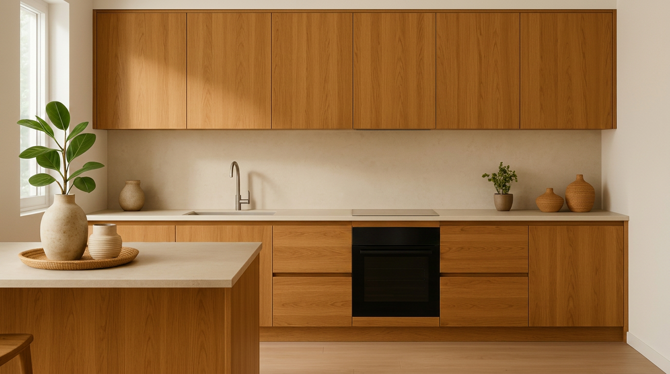 Cocina Raíz con tonos cálidos, textura de madera y ambiente luminoso y cercano.
