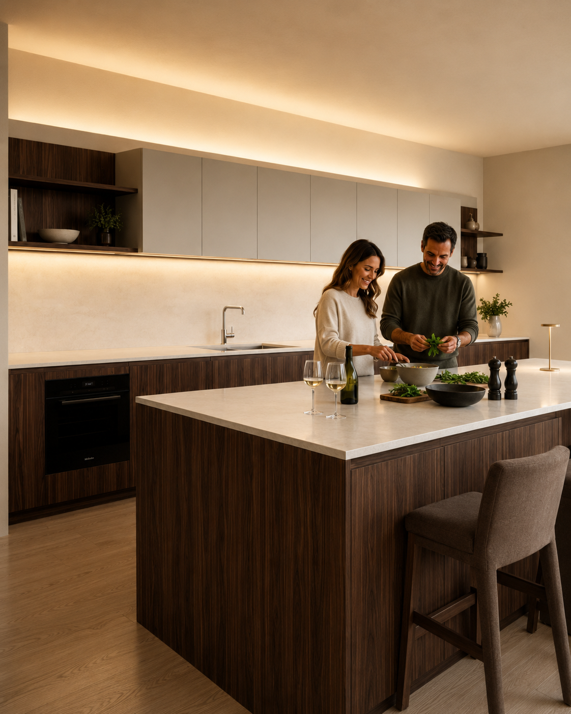 Línea Werk: cocina contemporánea con isla noble, proporción técnica e iluminación lineal.