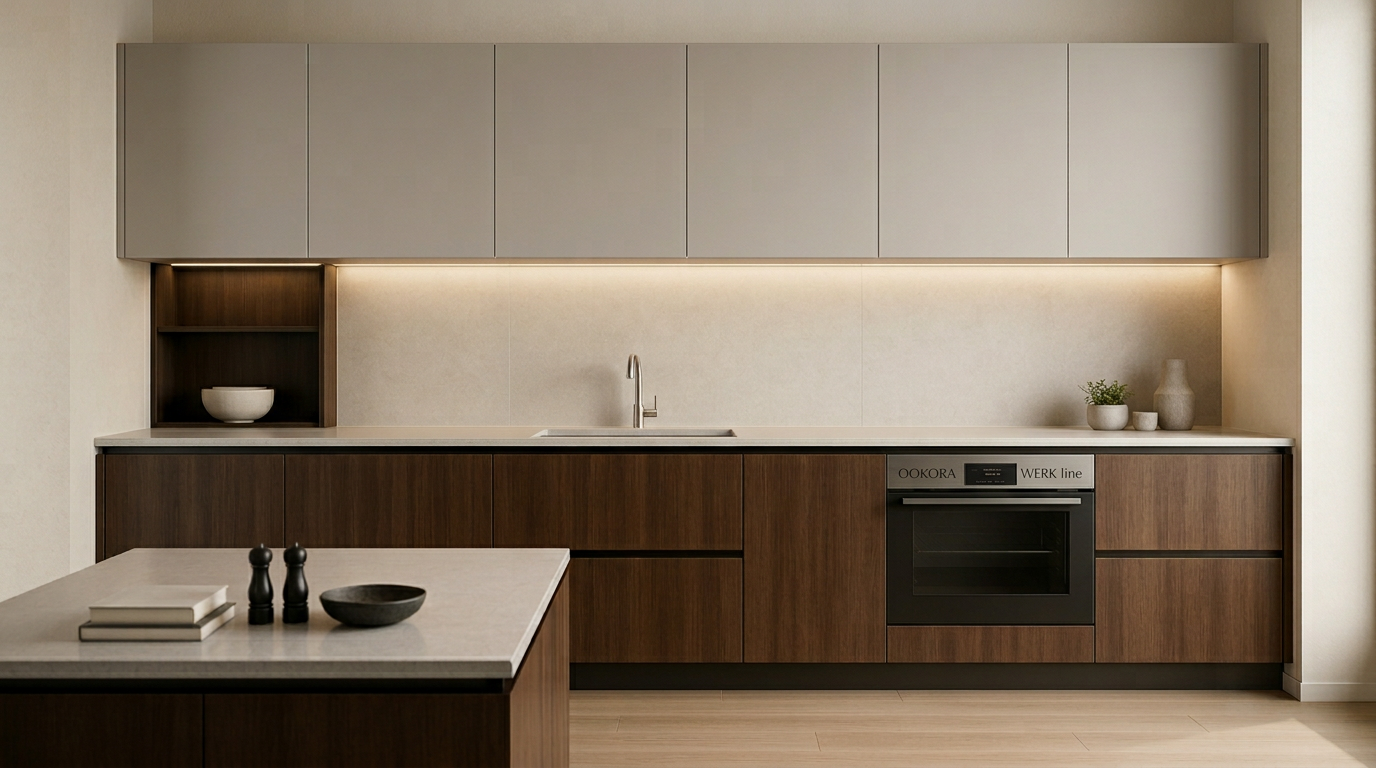 Cocina Werk con frentes sobrios, contraste de tonos, iluminación lineal y composición técnica pulida.