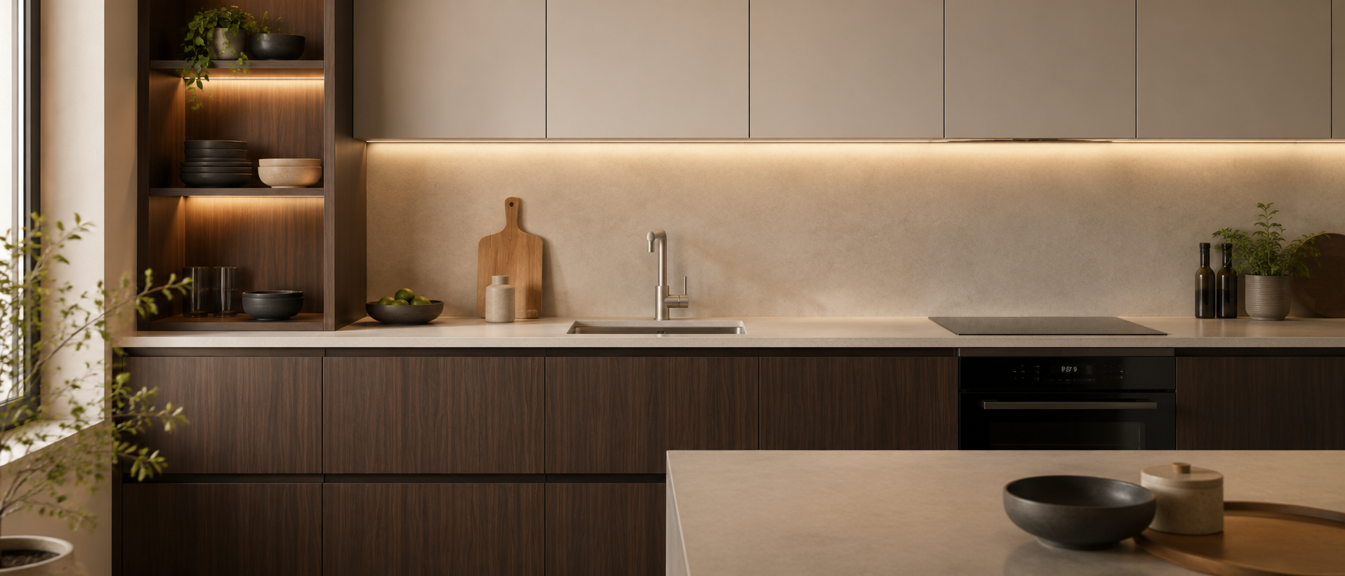 Referencia nivel Plus: cocina con capas de luz integrada y más detalle.