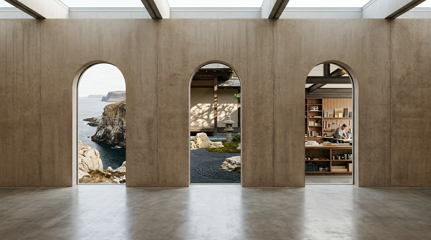 Tres aperturas arquitectónicas que representan los pilares de Ookora: funcionalidad nórdica, estética japonesa y rigor americano.