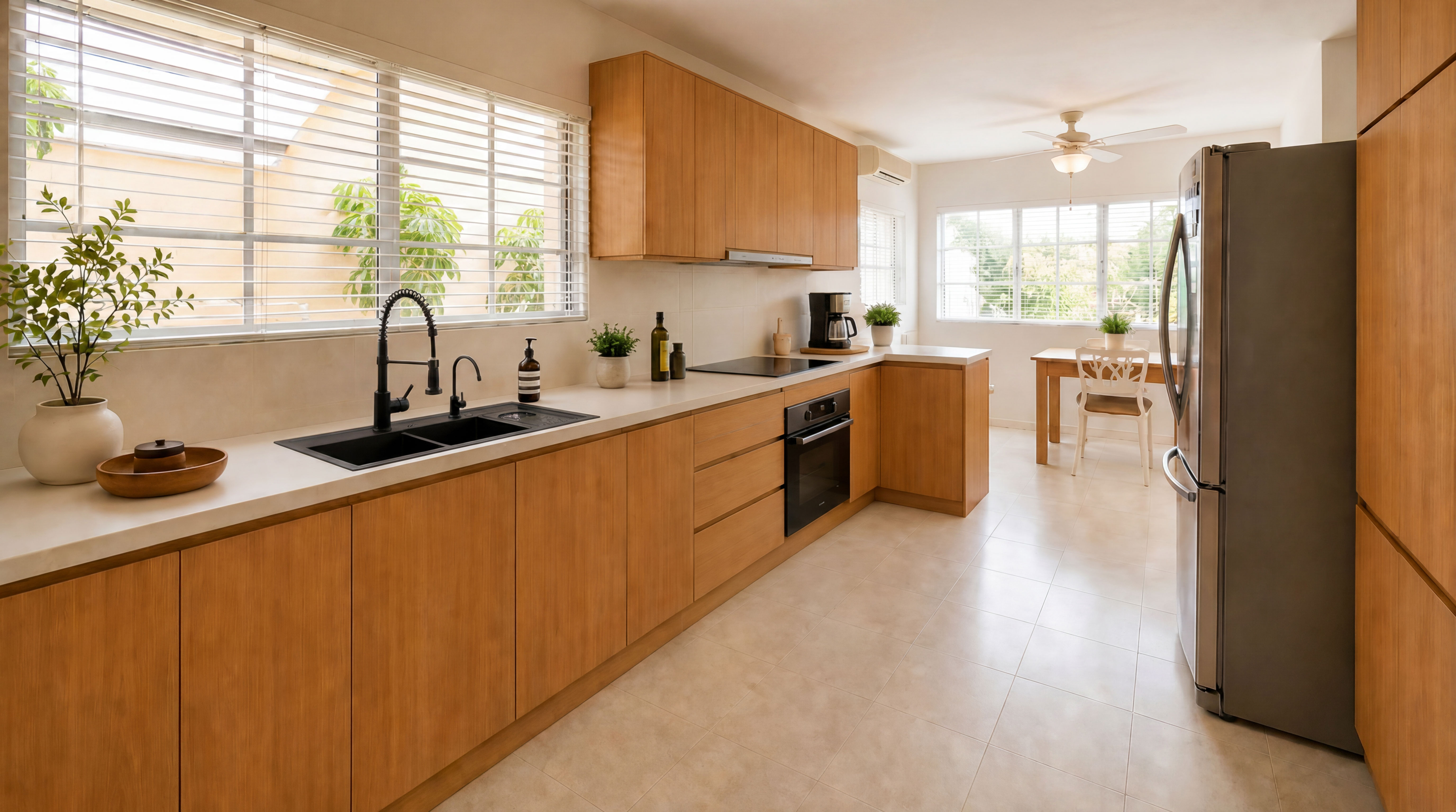 Cocina de referencia en línea Raíz Essential: frentes en MDP laminado de máximo estándar con acabado miel, tope en cuarzo o piedra sinterizada, fregadero doble, cocina empotrada, horno integrado y grifería en acabado grafito con bloque cocina-fregadero a juego, campana en acero, herraje premium, iluminación integrada, nevera en acero y comedor al fondo con luz natural.